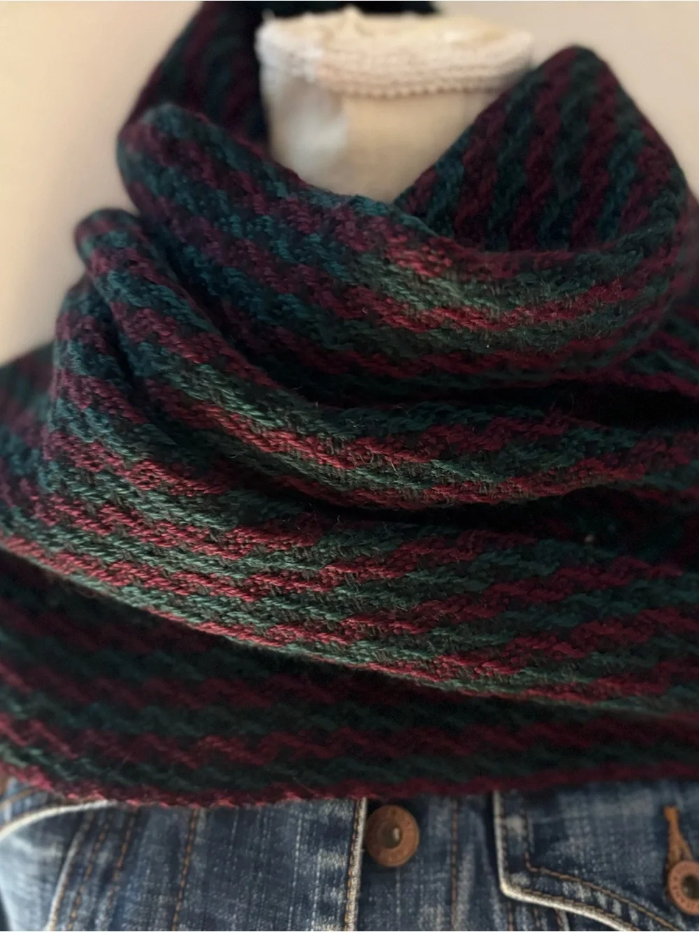 Men's Knit Scarf in Dark Green & Burgundy